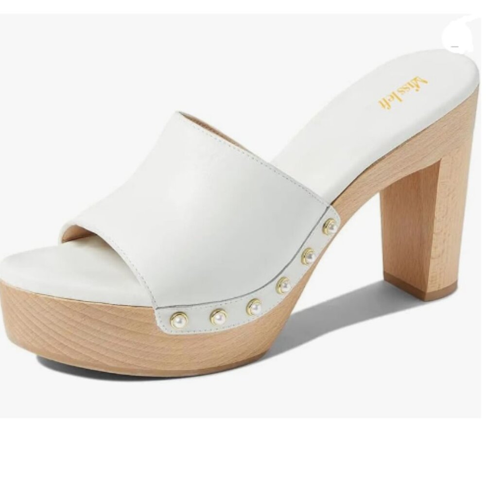 miss left White Platform Chunky High Heel Mules Open Toe Studded Slide Sandals
